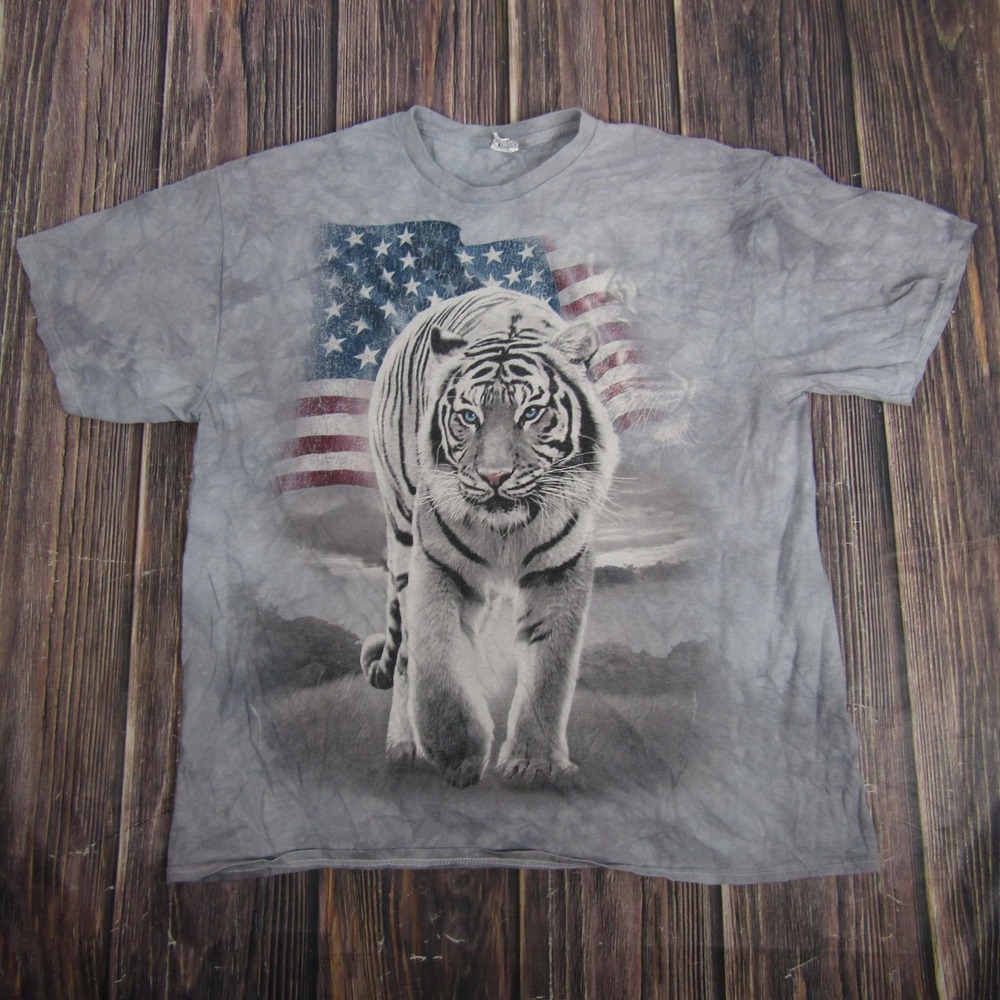 White Tiger American Flag Shirt Mens‎ XL Gray Tie Dye Graphic Delta Pro Weight